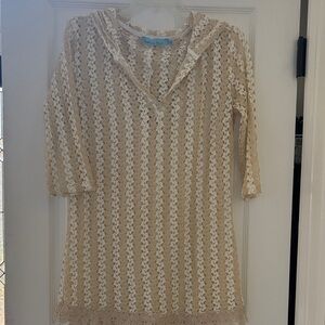 Solitaire Beige and White Crochet Swim Coverup